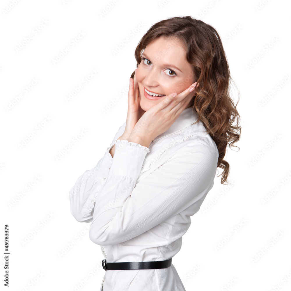 Portrait of pretty young businesswoman with hand on chin and smi Portrait of pretty young businesswoman with hand on chin and smi