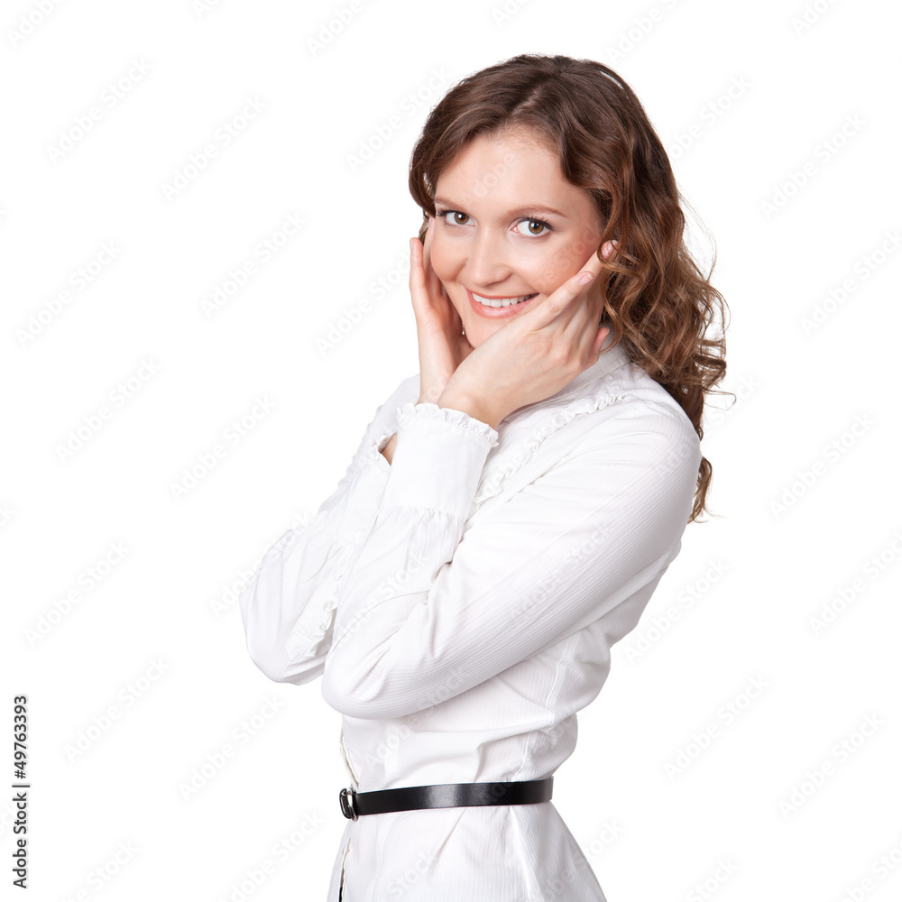 Portrait of pretty young businesswoman with hand on chin and smi Portrait of pretty young businesswoman with hand on chin and smi