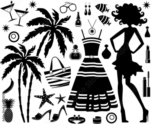 Fashionable set of tropical rest with silhouette of woman