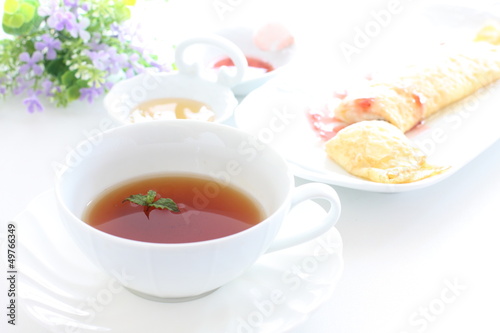 mint tea with crepe on background for afternoon tea image