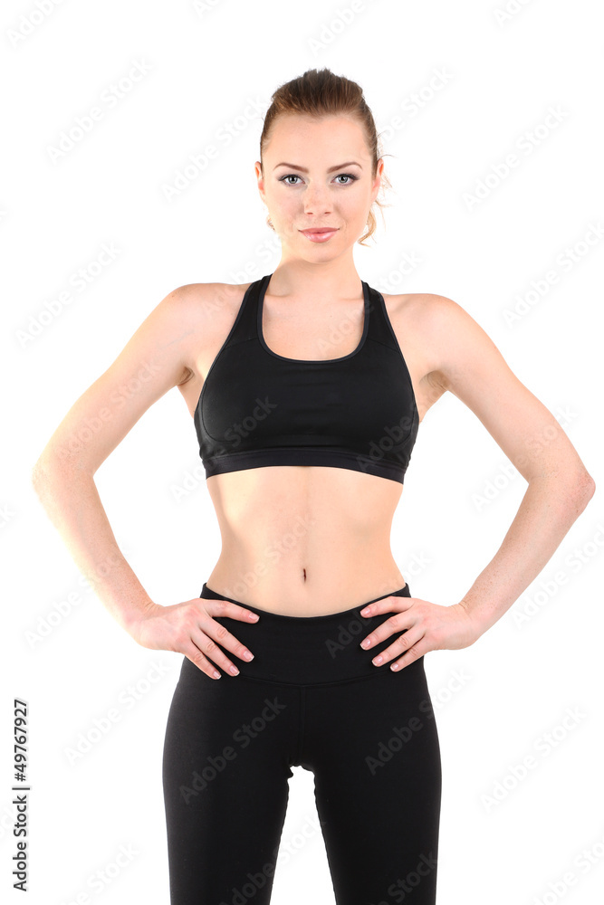 Young woman doing fitness exercises isolated on white Young woman doing fitness exercises isolated on white