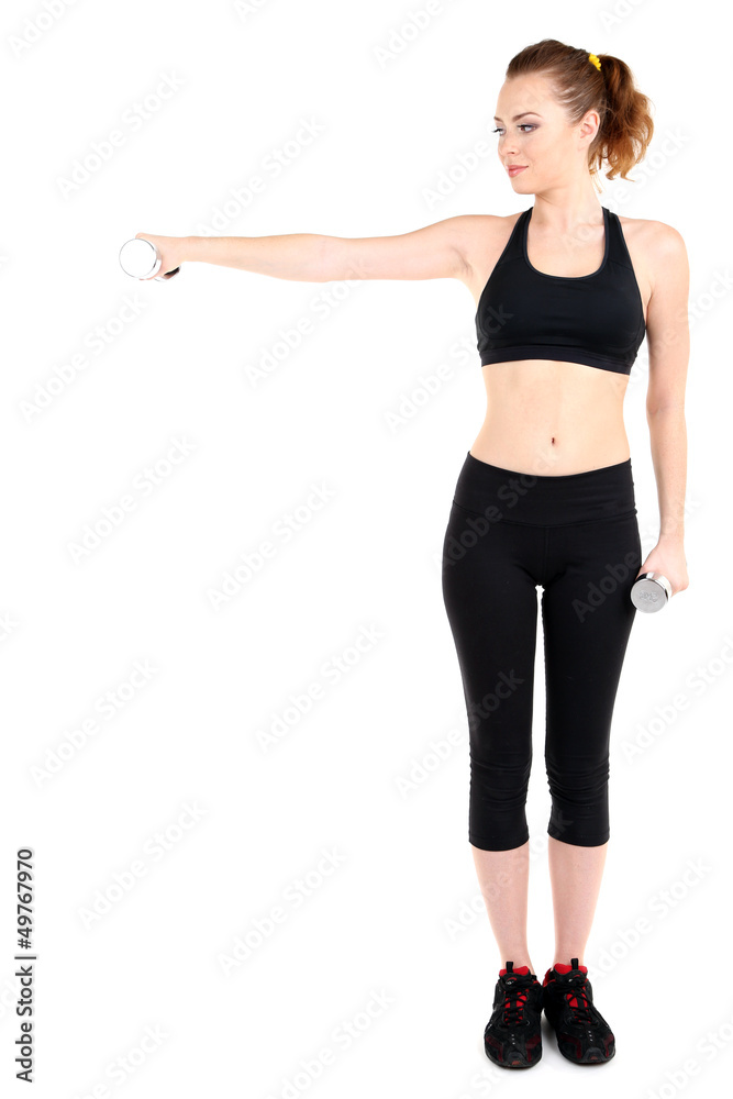 Young woman doing fitness exercises with dumbbell isolated Young woman doing fitness exercises with dumbbell isolated