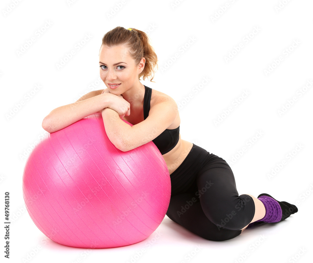 Young woman with gym ball isolated on white Young woman with gym ball isolated on white