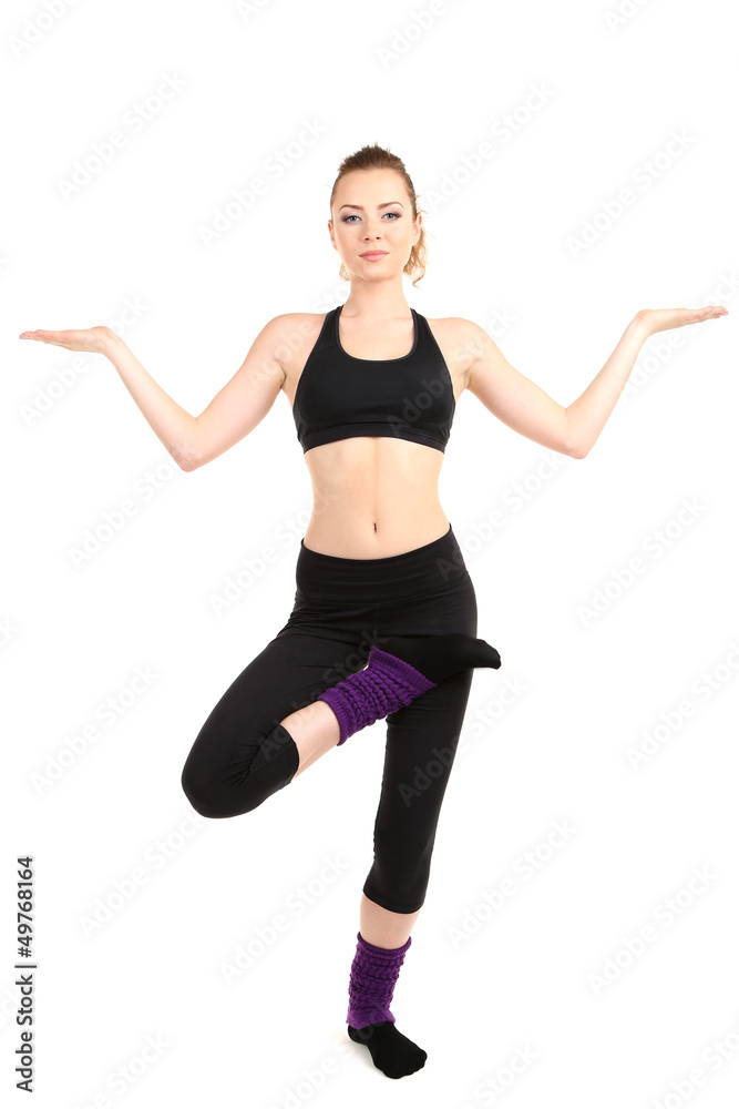 Young women in yoga style isolated on white Young women in yoga style isolated on white