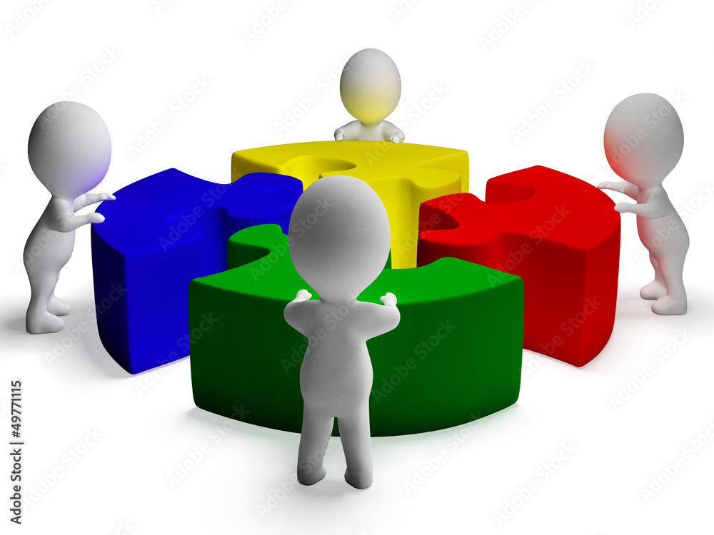 Puzzle Solved And 3d Characters Showing Unity And Cooperation Puzzle Solved And 3d Characters Showing Unity And Cooperation