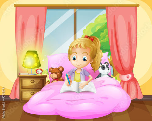 A girl writing inside her room