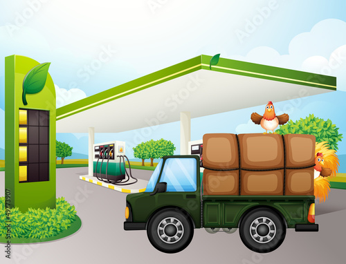 A truck with chickens near the gasoline station