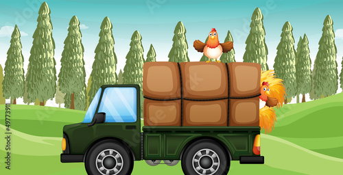 A chicken above a truck