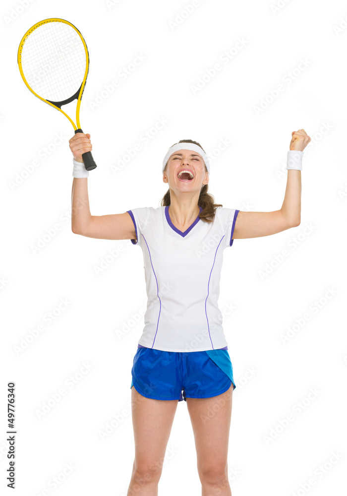 Happy tennis player with racket rejoicing in success Happy tennis player with racket rejoicing in success