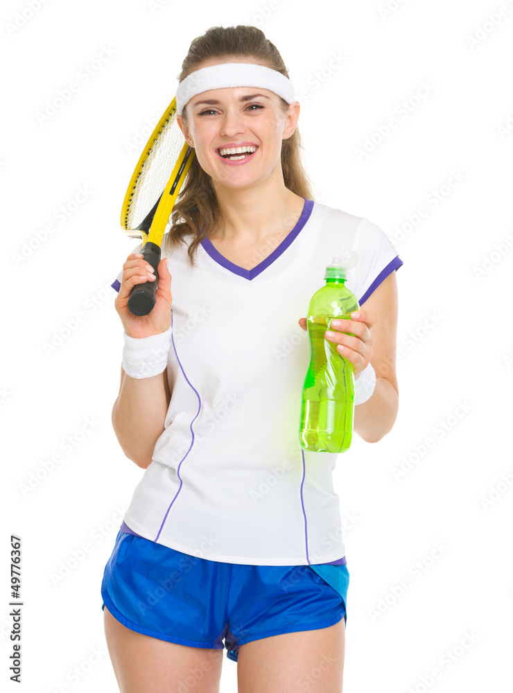Happy tennis player with racket and water bottle Happy tennis player with racket and water bottle