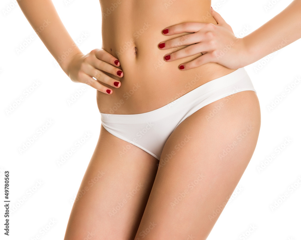 the body of the woman in white shorts on a white background