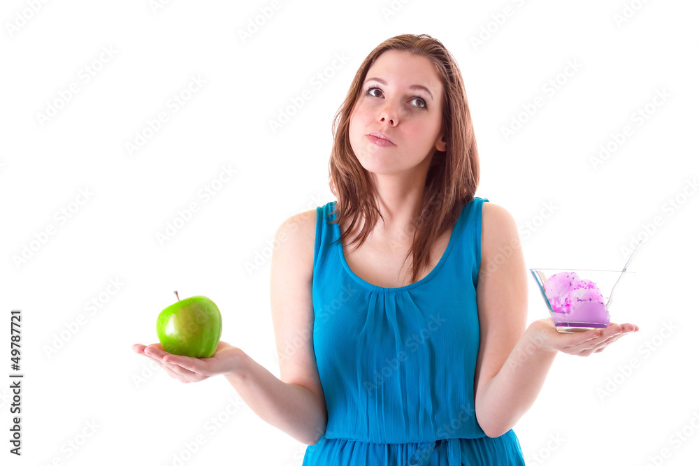 Healthy choice between an apple and ice creams Healthy choice between an apple and ice creams