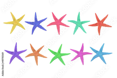 ten colorful starfish on a white background