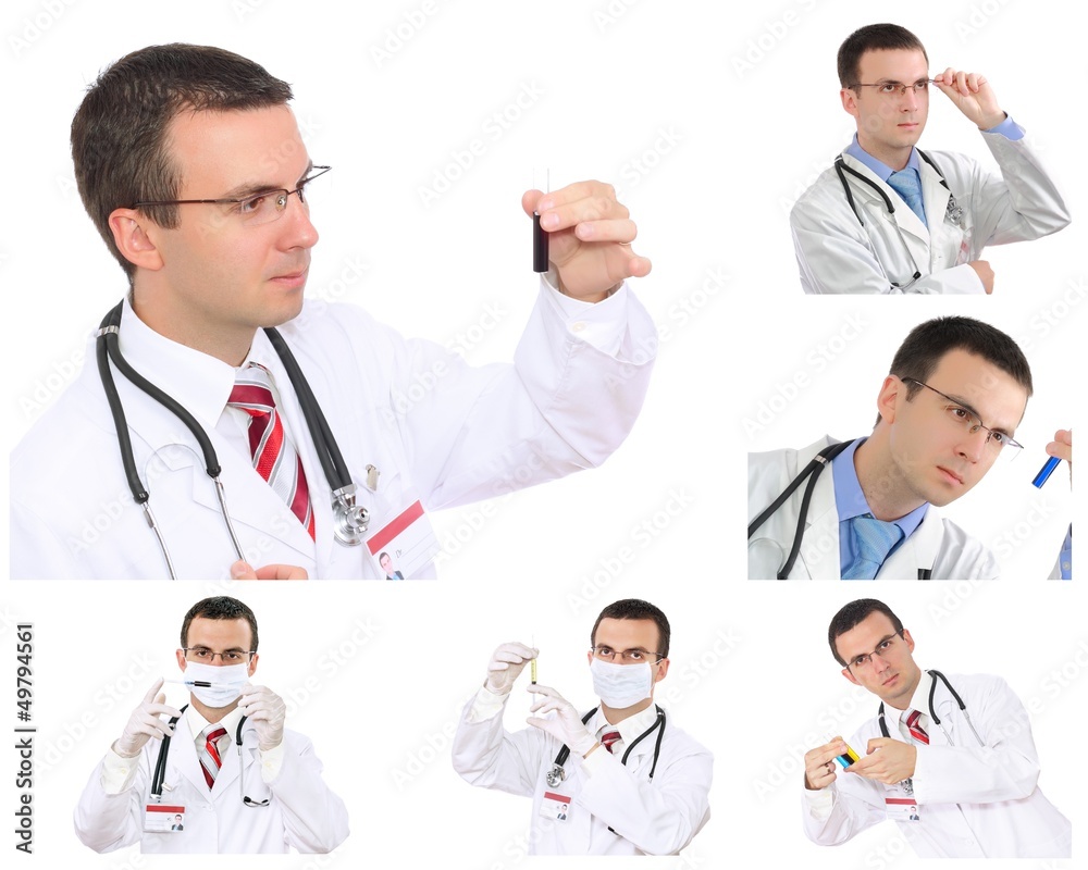 Set (collage) of young doctor in Hospital.Isolated over white Set (collage) of young doctor in Hospital.Isolated over white