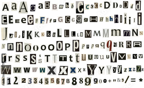 Newspaper, magazine alphabet with numbers and symbols