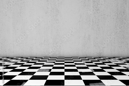 Raum mit Rauputz und Schachboden Muster - 3D Render © fotoliaxrender