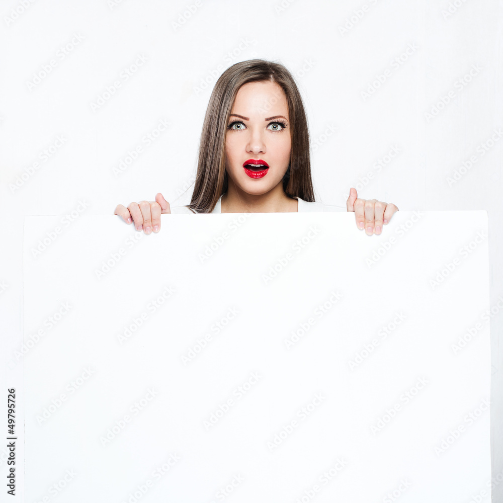 woman hold white blank board , blank paper woman hold white blank board , blank paper