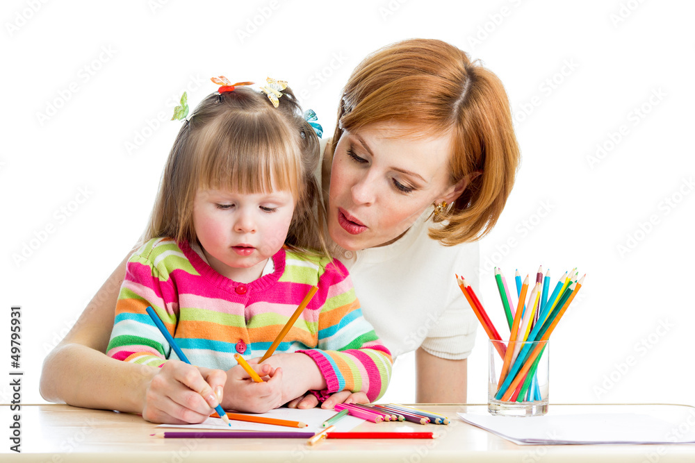 mother and her child girl pencil together mother and her child girl pencil together