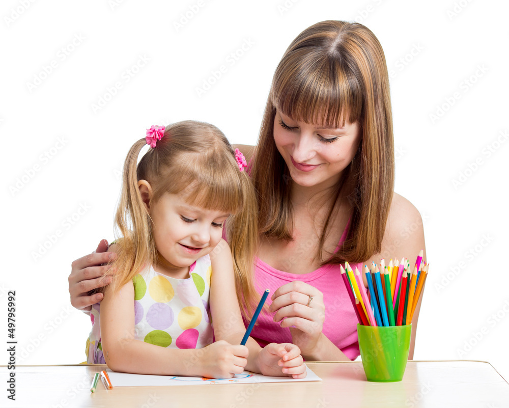 mother and her child girl pencil together mother and her child girl pencil together