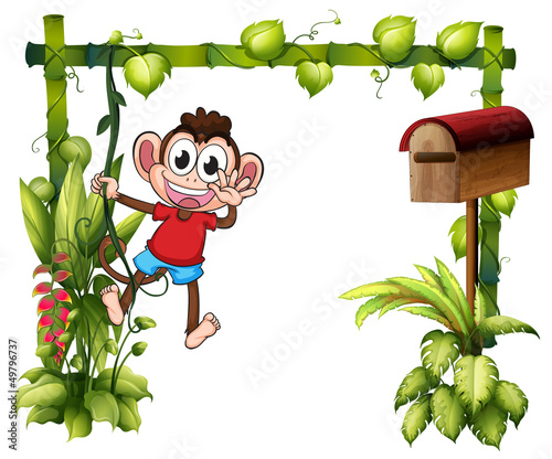 A monkey with a wooden mailbox