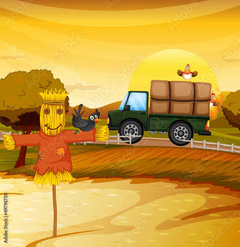 A scarecrew at the farm with a black bird