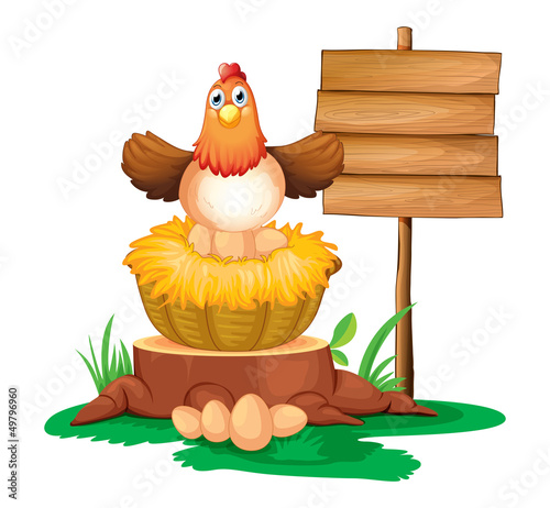 A hen hatching eggs with a wooden signboard