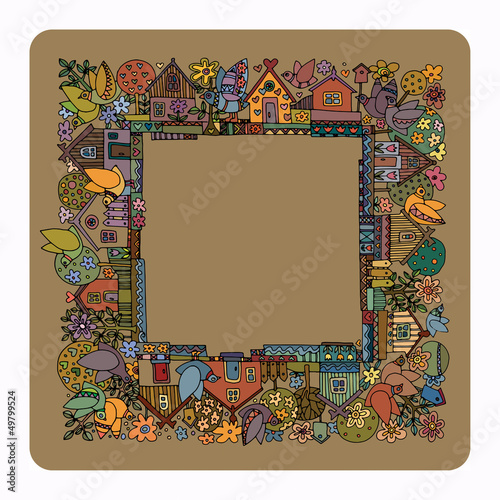 Colorful houses and garden - summer, hand drawn illustration