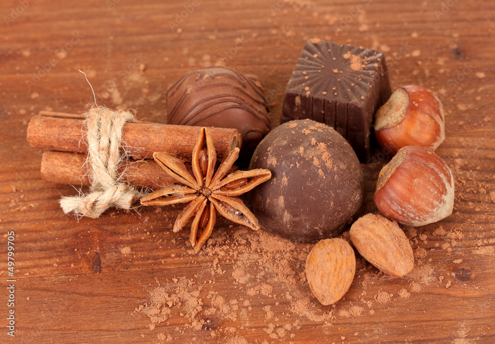 Chocolate sweets with cocoa,spices and nuts on wooden