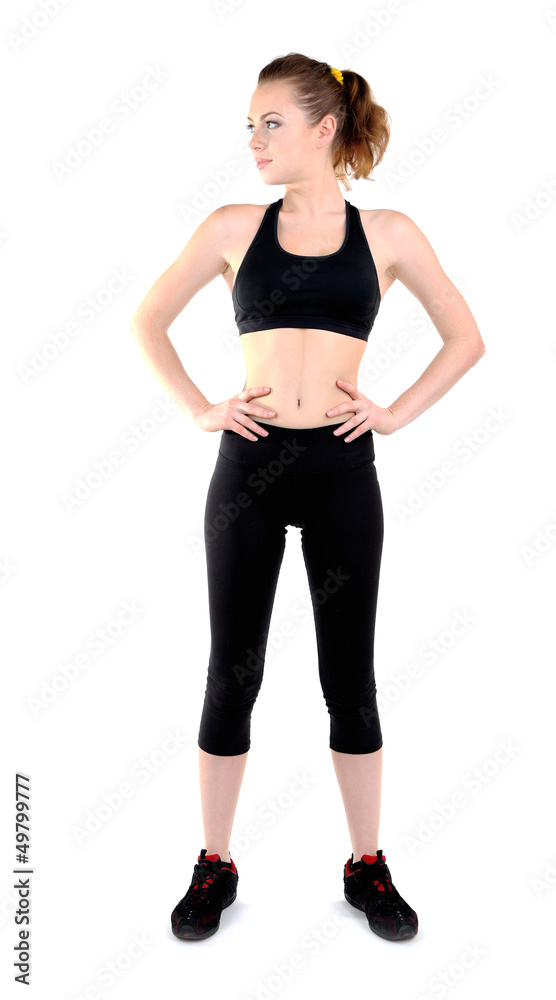 Young woman doing fitness exercises isolated on white Young woman doing fitness exercises isolated on white