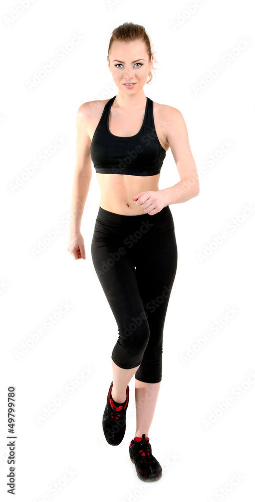 Young woman doing fitness exercises isolated on white Young woman doing fitness exercises isolated on white