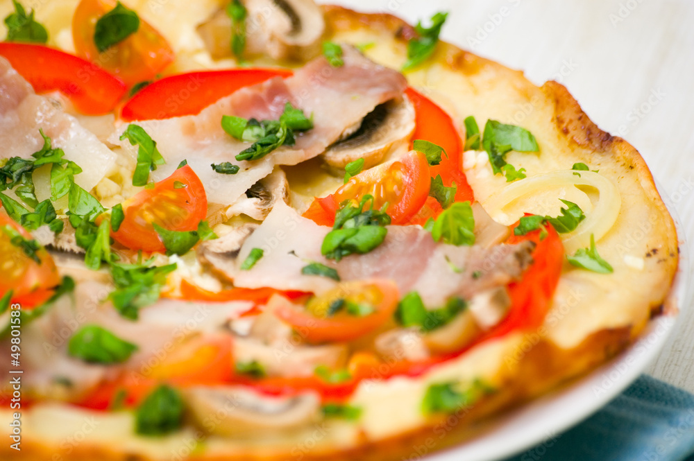 pizza with mushrooms, bacon and vegetables pizza with mushrooms, bacon and vegetables