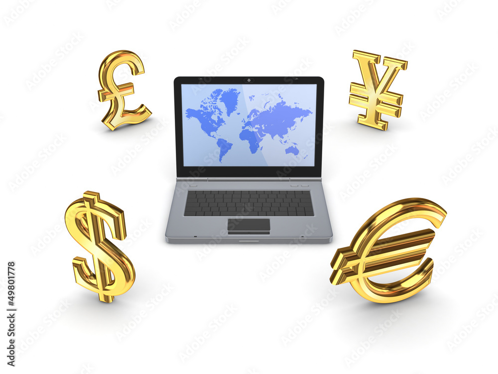 Currencies around notebook.