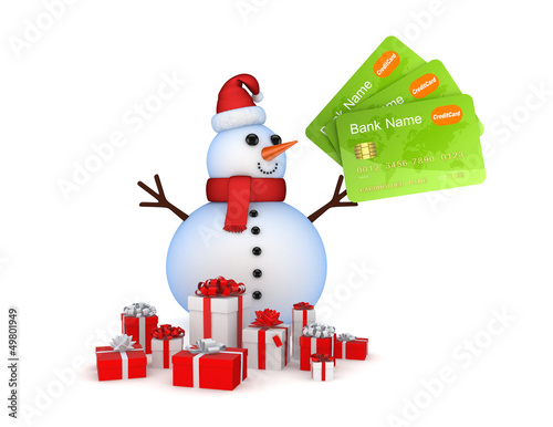 Snowman with credit cards and gift boxes. © rukanoga
