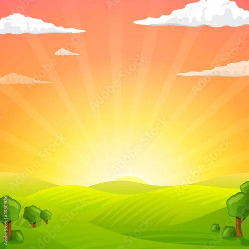 Vector Illustration of Green Fields And Sunrise Sky