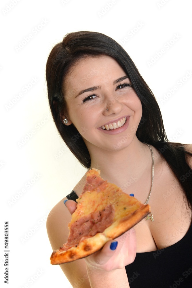 Young happy woman eating pizza, isolated on white Young happy woman eating pizza, isolated on white