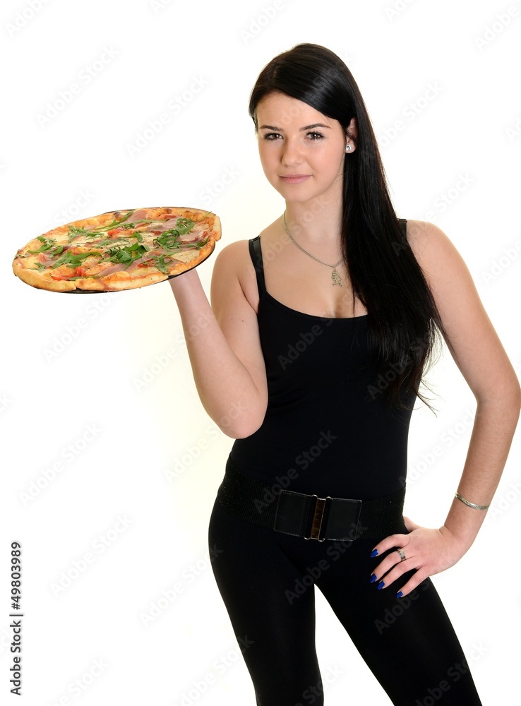 Young happy woman eating pizza, isolated on white Young happy woman eating pizza, isolated on white