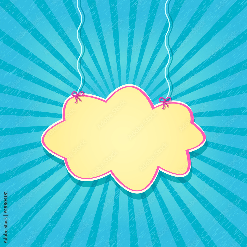 Retro Blue Card with Paper Cloud Hanging on Threads