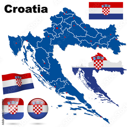 Croatia vector set. Country shape and flags.