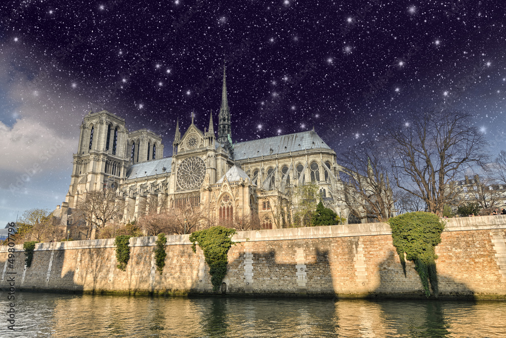 Paris. Beautiful night view of Notre Dame Cathedral and Seine Ri