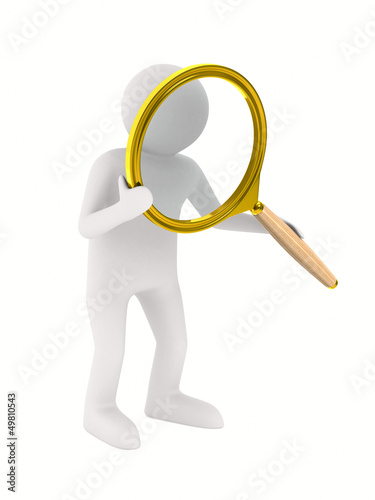 Man with magnifier on white...