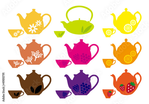 tea pots and cups with fruits, vector