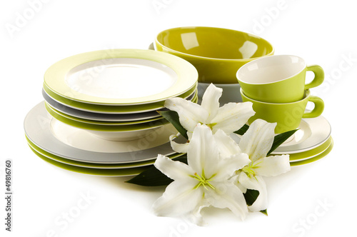 Fototapeta Naklejka Na Ścianę i Meble -  Empty bowls, plates and cups isolated on white