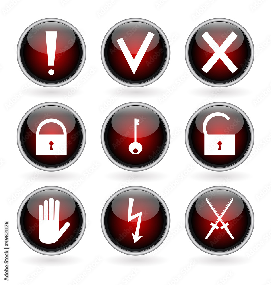 Black and red buttons with security, hazard and warning signs Black and red buttons with security, hazard and warning signs