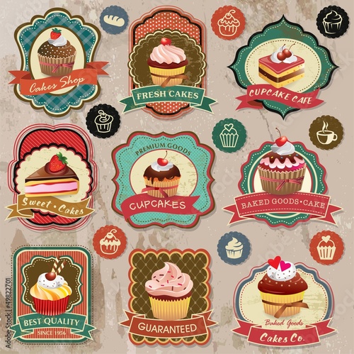 Collection of vintage retro various cupcakes elements