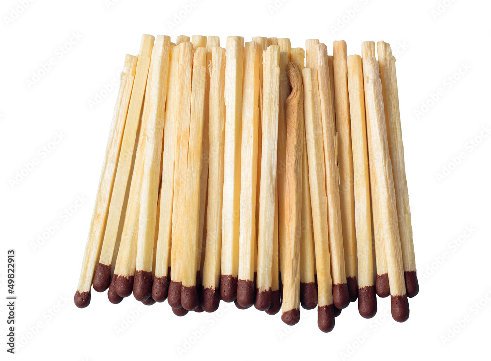 Wooden matches in a pile isolated on white