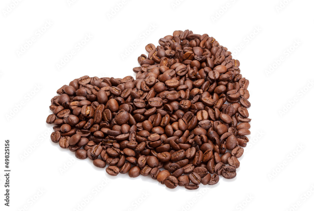 Coffee beans in heart shape on white Coffee beans in heart shape on white