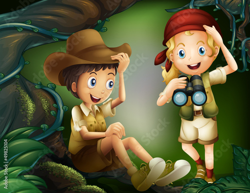 A jungle with a boy and a girl