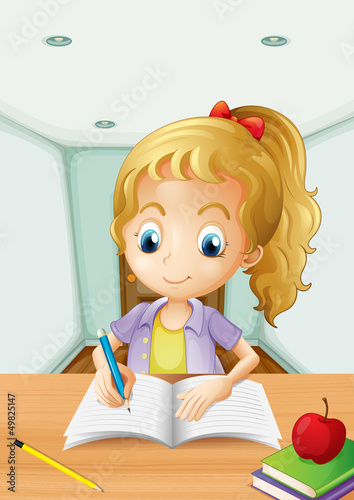 A girl with an apple at the top of a book
