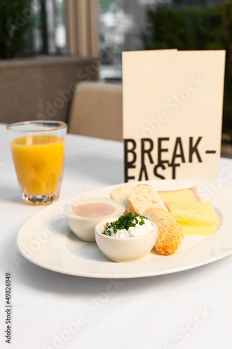 Breakfast, Juice and bread with cheese photo