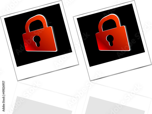 Set of empty photos and red padlock on abstract white background photo